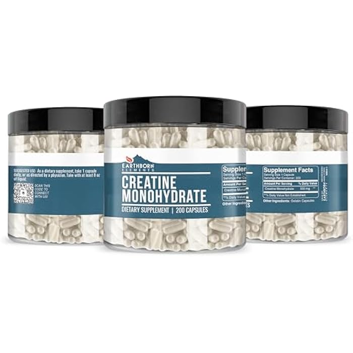 Earthborn Elements Creatine Monohydrate 200 Capsules, Pure & Undiluted, No Additives - Image 4