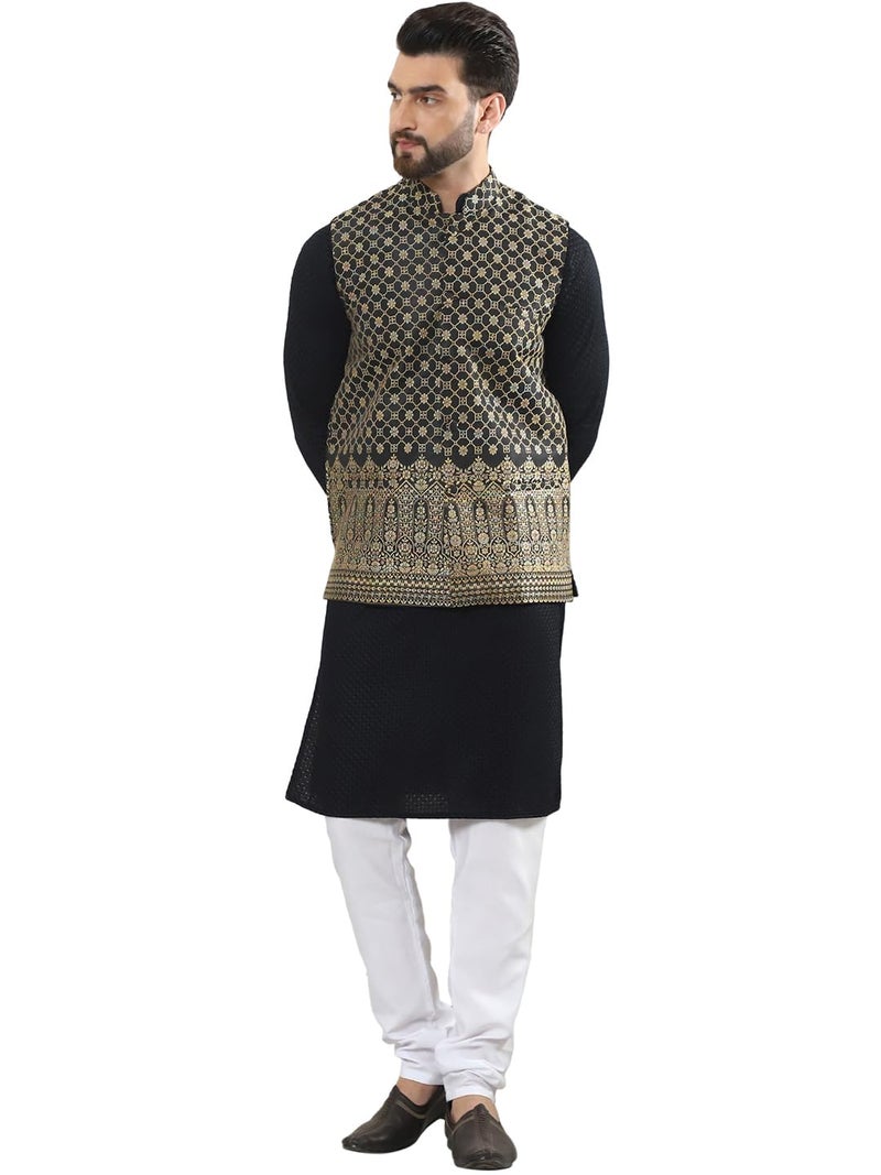 SOJANYA (Since 1958 Men's Pure Cotton Black Kurta and White Pyjama with Black Nehru Jacket - Image 1