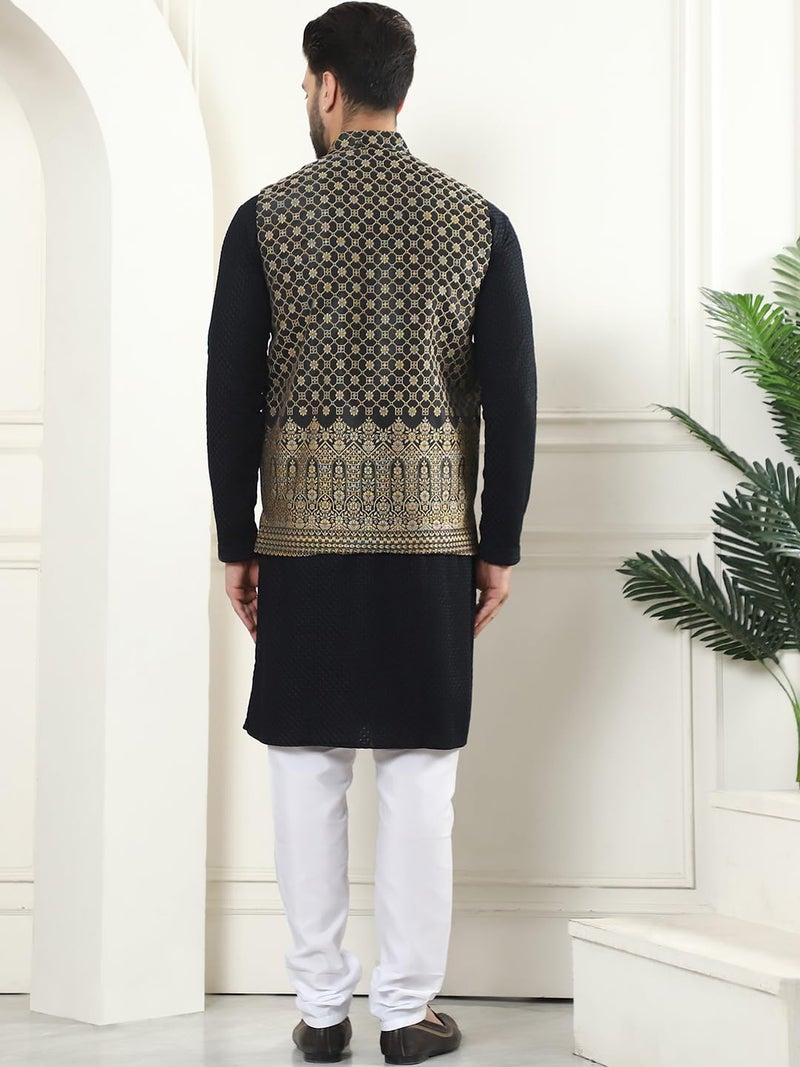 SOJANYA (Since 1958 Men's Pure Cotton Black Kurta and White Pyjama with Black Nehru Jacket - Image 4