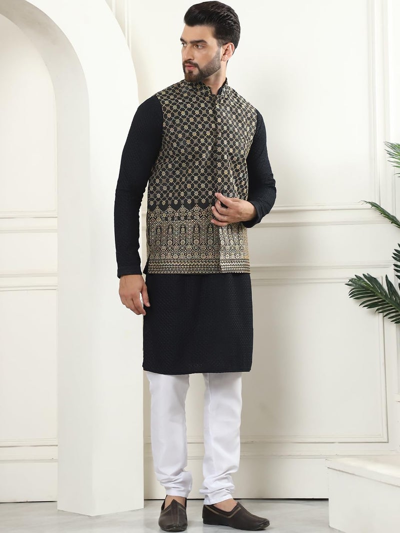 SOJANYA (Since 1958 Men's Pure Cotton Black Kurta and White Pyjama with Black Nehru Jacket - Image 3