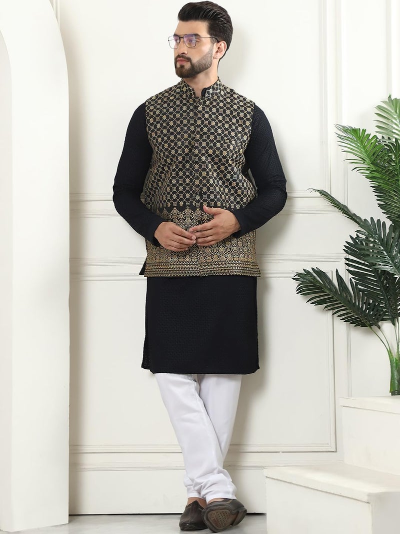 SOJANYA (Since 1958 Men's Pure Cotton Black Kurta and White Pyjama with Black Nehru Jacket - Image 2