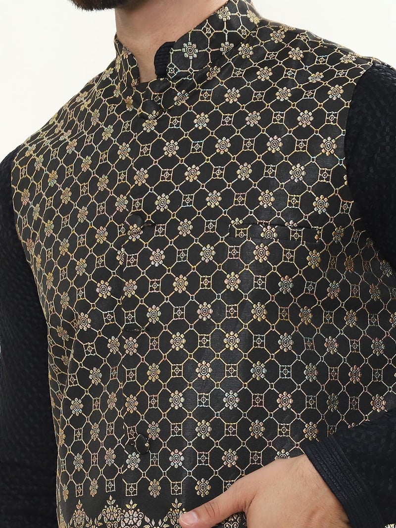 SOJANYA (Since 1958 Men's Pure Cotton Black Kurta and White Pyjama with Black Nehru Jacket - Image 5