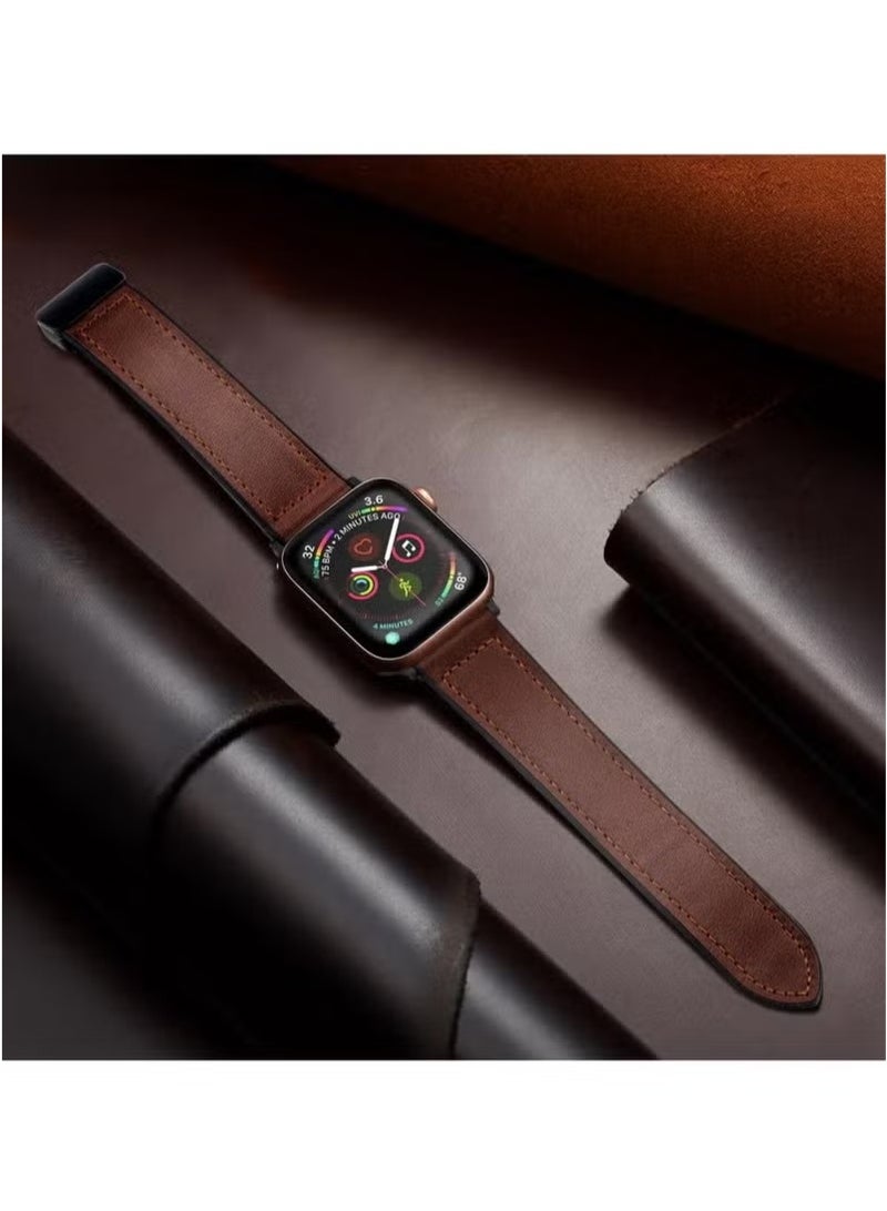 Magnetic Leather Watch Band for Apple Watch Ultra, 49mm 45mm 44mm 42mm, Magnetic Buckle Replacement Genuine Leather Strap for Apple Watch Series - Image 2