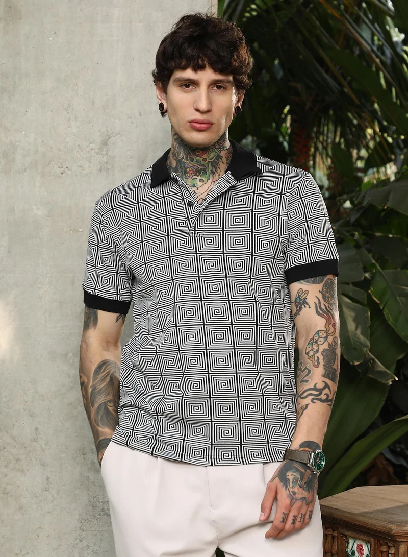 كامبوس سوترا تيشيرت بولو رجالي أسود وأبيض بتأثير بصري للملابس الكاجوال