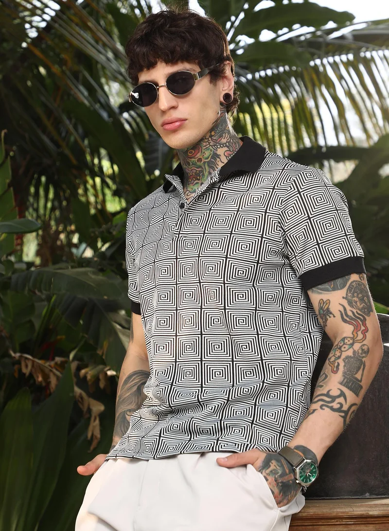 كامبوس سوترا تيشيرت بولو رجالي أسود وأبيض بتأثير بصري للملابس الكاجوال