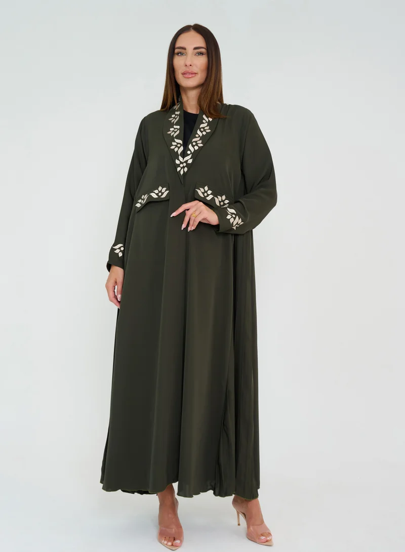 Rosette Abaya French cut Abaya with pleated side & Embroidery Design