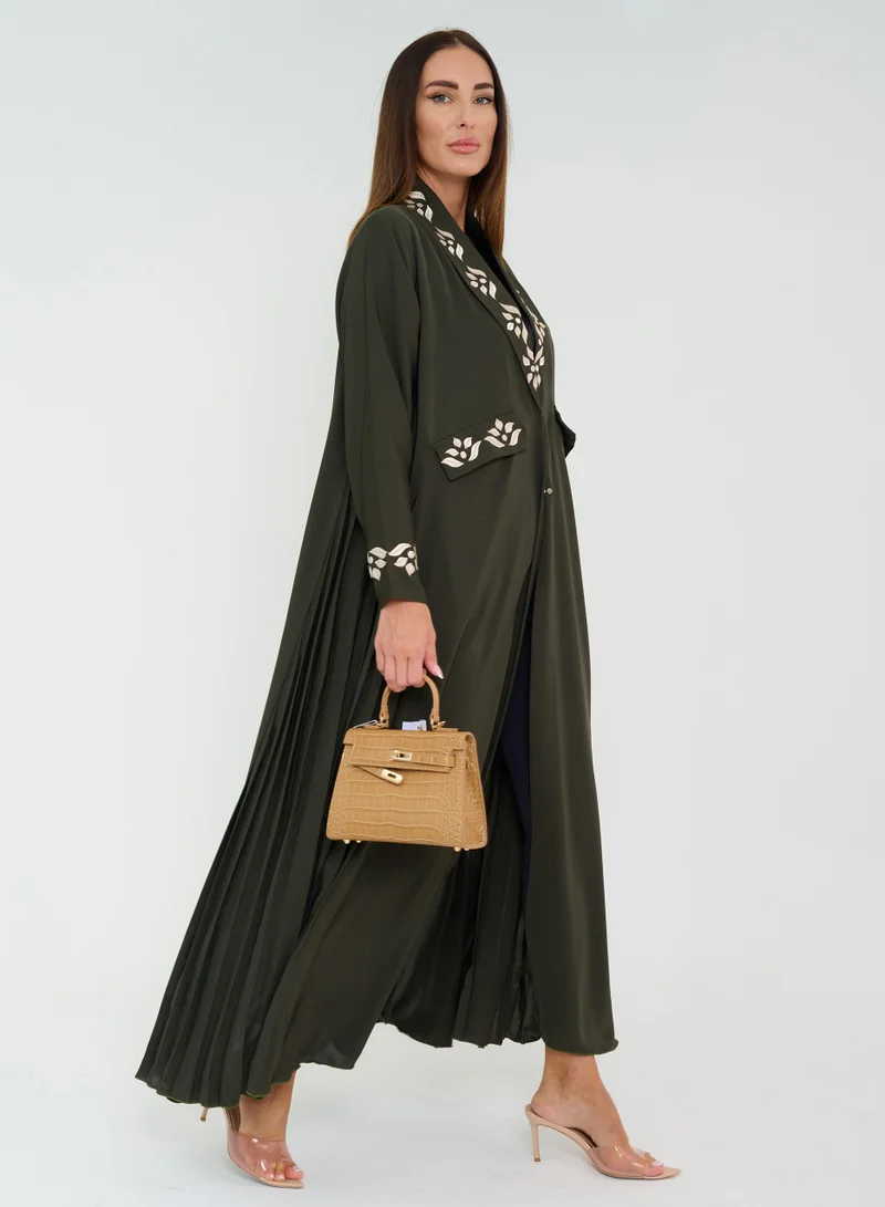 Rosette Abaya French cut Abaya with pleated side & Embroidery Design