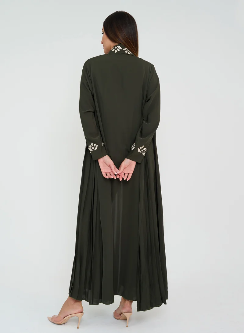 Rosette Abaya French cut Abaya with pleated side & Embroidery Design