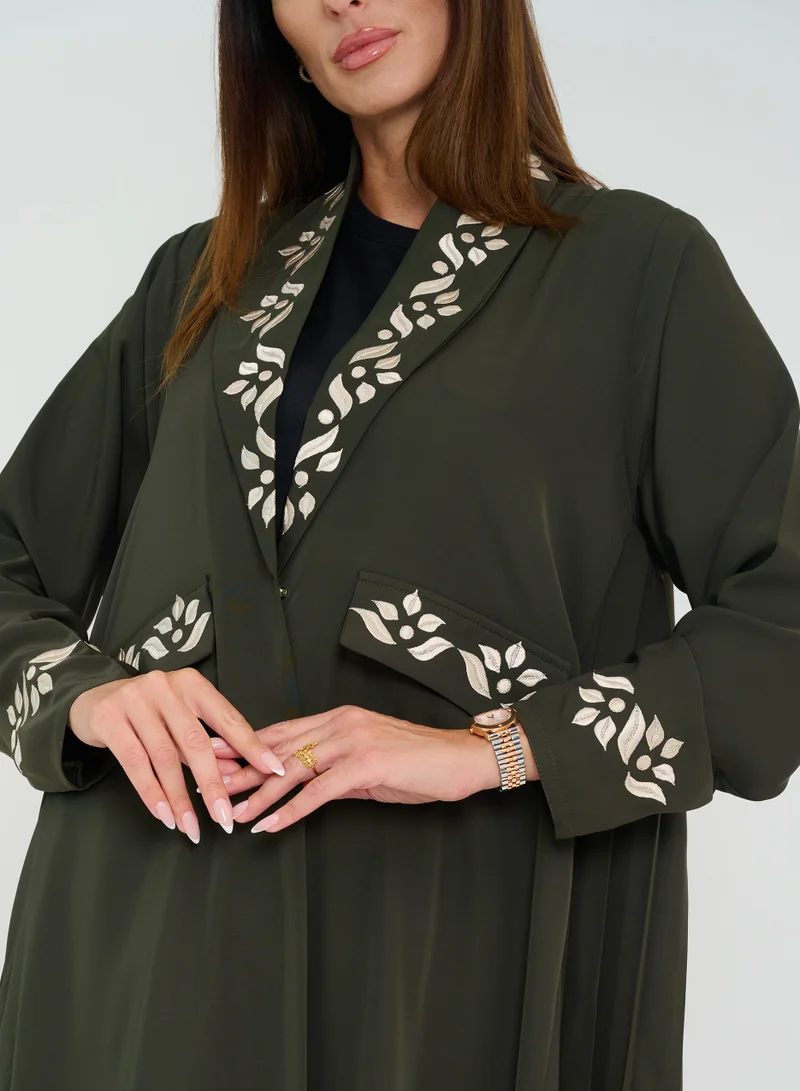 Rosette Abaya French cut Abaya with pleated side & Embroidery Design