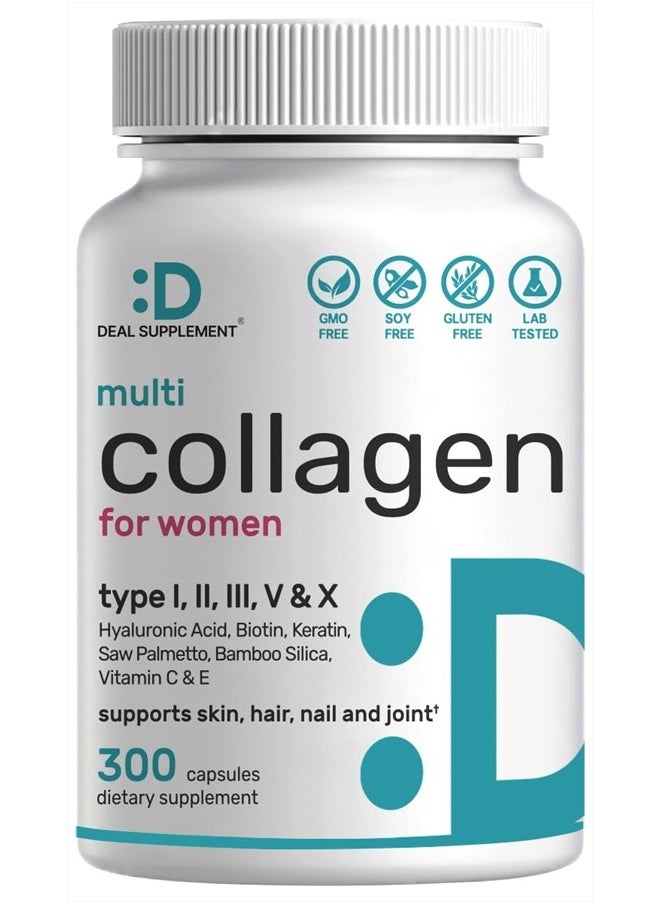 DEAL SUPPLEMENT - Multi-Collagen Pills for Women with Vitamin C, E, & Biotin, 300 Capsules – 11 in 1 Formula with Saw Palmetto, Bamboo Silica, & Hyaluronic Acid – Hair, Skin, Nail, & Joint Health - Image 1