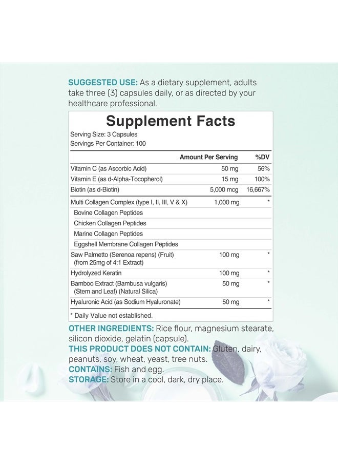 DEAL SUPPLEMENT - Multi-Collagen Pills for Women with Vitamin C, E, & Biotin, 300 Capsules – 11 in 1 Formula with Saw Palmetto, Bamboo Silica, & Hyaluronic Acid – Hair, Skin, Nail, & Joint Health - Image 1