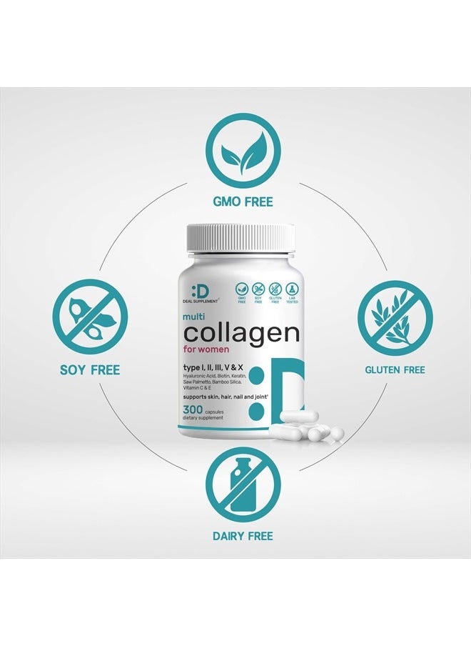 DEAL SUPPLEMENT - Multi-Collagen Pills for Women with Vitamin C, E, & Biotin, 300 Capsules – 11 in 1 Formula with Saw Palmetto, Bamboo Silica, & Hyaluronic Acid – Hair, Skin, Nail, & Joint Health - Image 1