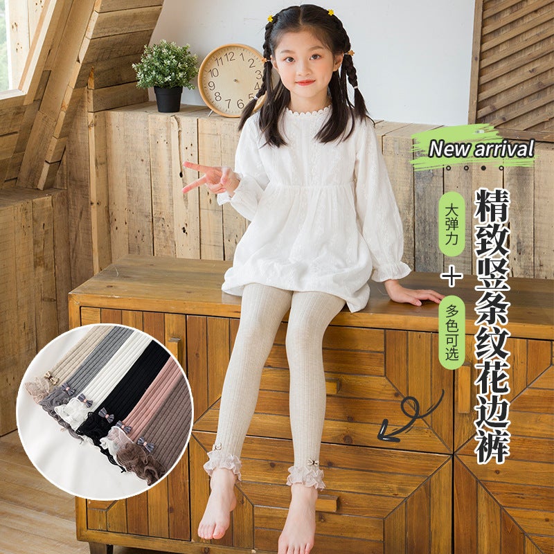 2021 Spring New Girls' Leggings Bow Lace Ankle-Length Pants Children'S Korean Style Vertical Strip Cotton Baby Trousers - Image 4