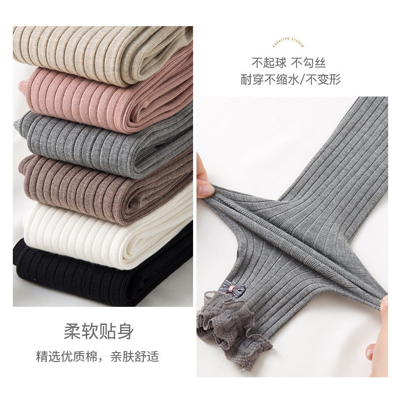 2021 Spring New Girls' Leggings Bow Lace Ankle-Length Pants Children'S Korean Style Vertical Strip Cotton Baby Trousers - Image 5