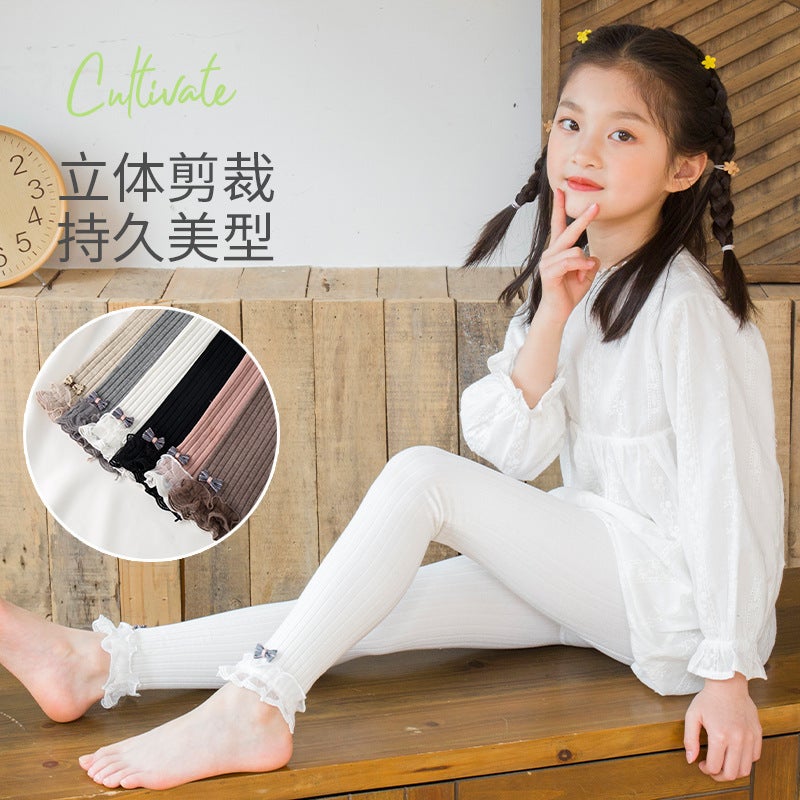2021 Spring New Girls' Leggings Bow Lace Ankle-Length Pants Children'S Korean Style Vertical Strip Cotton Baby Trousers - Image 3