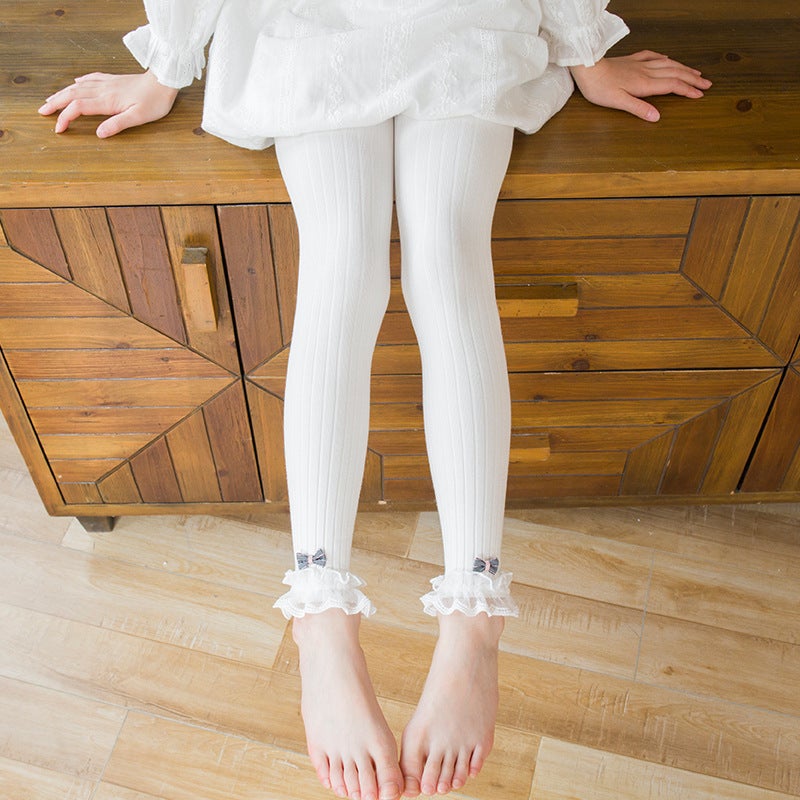 2021 Spring New Girls' Leggings Bow Lace Ankle-Length Pants Children'S Korean Style Vertical Strip Cotton Baby Trousers - Image 1