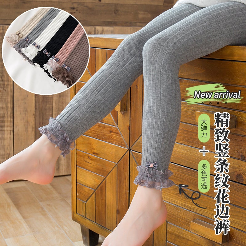 2021 Spring New Girls' Leggings Bow Lace Ankle-Length Pants Children'S Korean Style Vertical Strip Cotton Baby Trousers - Image 2