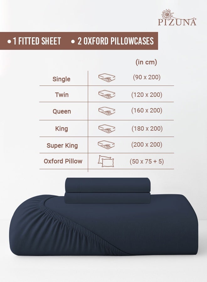 Pizuna Pure Combed Cotton Double Fitted Sheet 140x200 cm Dark Blue, 400 Thread Count Cool Luxury Soft 100% Long Staple Cotton Sateen Weave, 40cm Deep Pocket Bedsheet with 2 pillowcase (Fitted Sheet) - Image 3