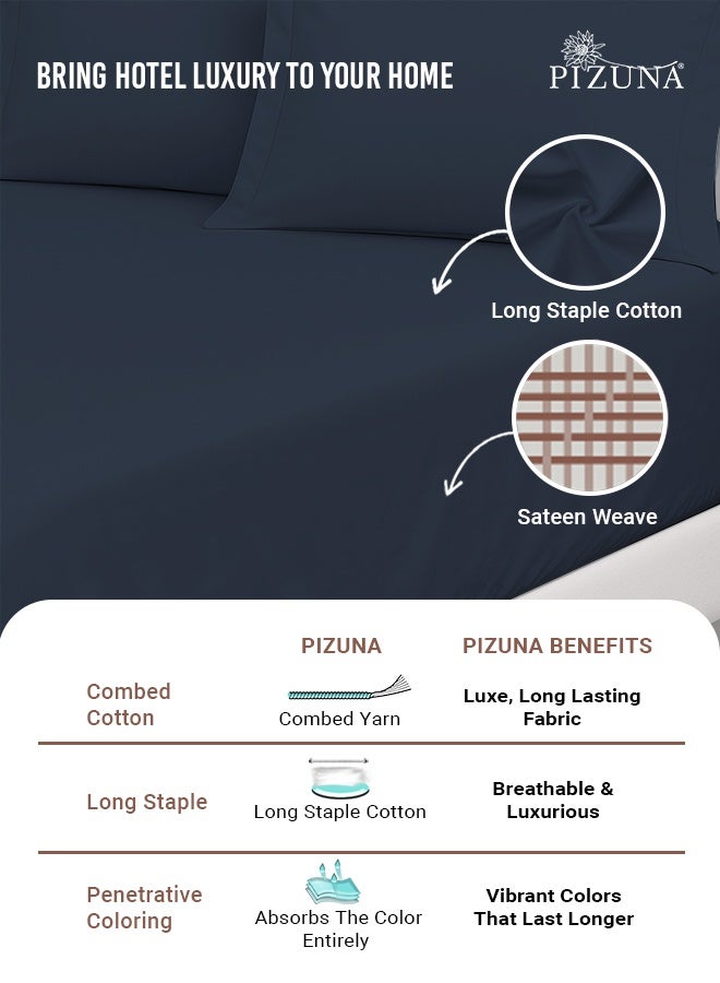 Pizuna Pure Combed Cotton Double Fitted Sheet 140x200 cm Dark Blue, 400 Thread Count Cool Luxury Soft 100% Long Staple Cotton Sateen Weave, 40cm Deep Pocket Bedsheet with 2 pillowcase (Fitted Sheet) - Image 2