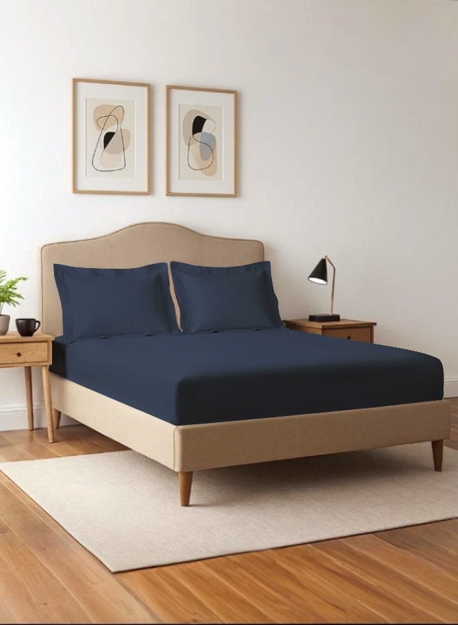 Pizuna Pure Combed Cotton Double Fitted Sheet 140x200 cm Dark Blue, 400 Thread Count Cool Luxury Soft 100% Long Staple Cotton Sateen Weave, 40cm Deep Pocket Bedsheet with 2 pillowcase (Fitted Sheet) - Image 1