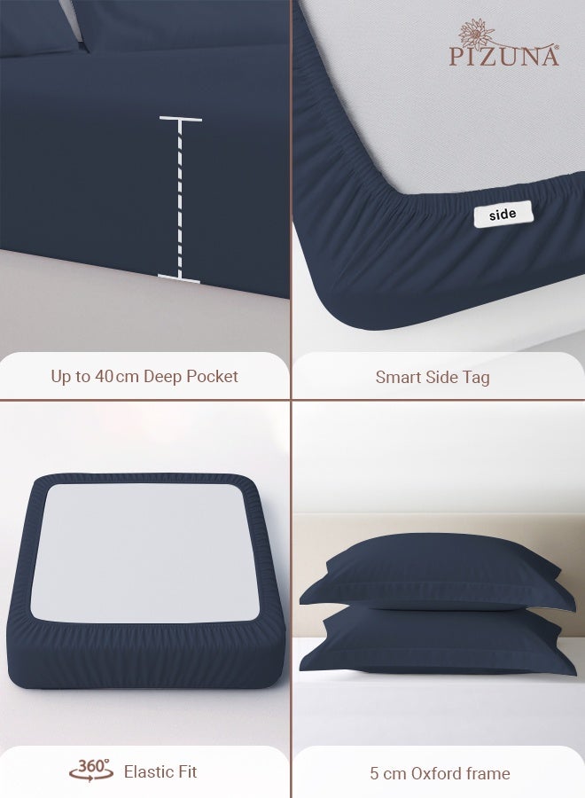 Pizuna Pure Combed Cotton Double Fitted Sheet 140x200 cm Dark Blue, 400 Thread Count Cool Luxury Soft 100% Long Staple Cotton Sateen Weave, 40cm Deep Pocket Bedsheet with 2 pillowcase (Fitted Sheet) - Image 4