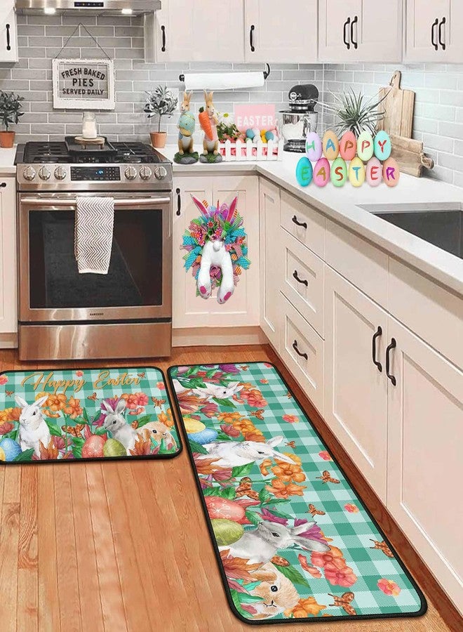 OUXIOAZ Happy Easter Flowers Eggs Bunny Rabbits Kitchen Rugs Set of 2, Spring and Summer Holiday Decorations for Home Kitchen 17"x47"+17"x30" - Image 1