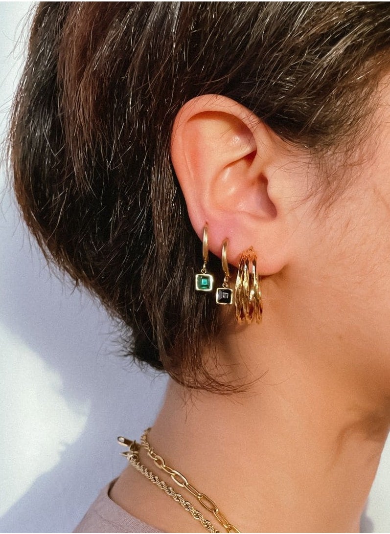 Clé de Lune Square Stone Huggies Earrings- Green  - Image 3