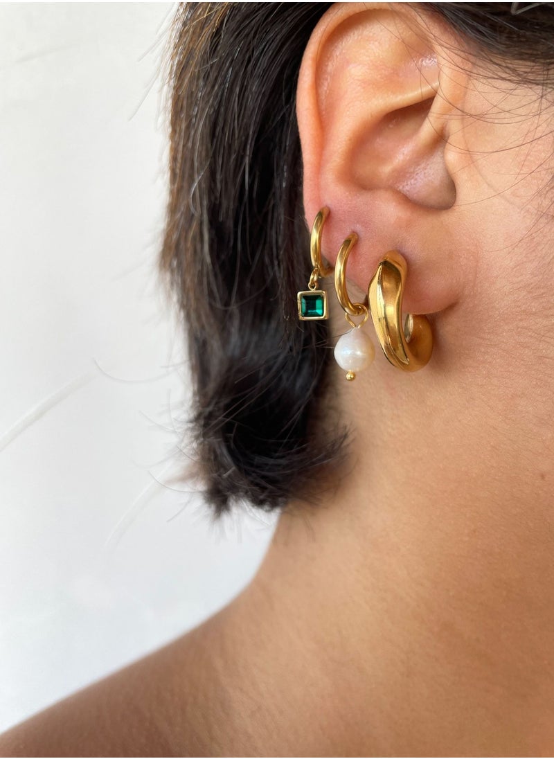 Clé de Lune Square Stone Huggies Earrings- Green  - Image 2