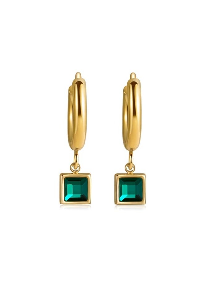 Clé de Lune Square Stone Huggies Earrings- Green  - Image 1