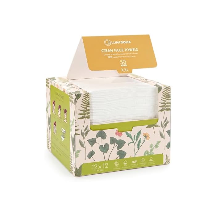 XXL Disposable Face Towel 12x12 Inches - OEKO-TEX Certified Extra Thick Facial Cleansing Cloths, 100% Plant-Based Pure Fiber Dry Wipes for Sensitive Skin, Makeup Removing, 50 Count