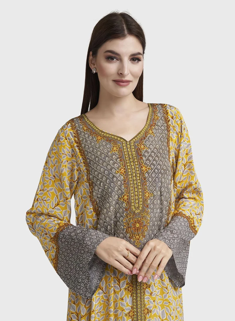 كشخة Mustard Leaf Print Viscose Crepe Stonework Jalabiya (VDC104)