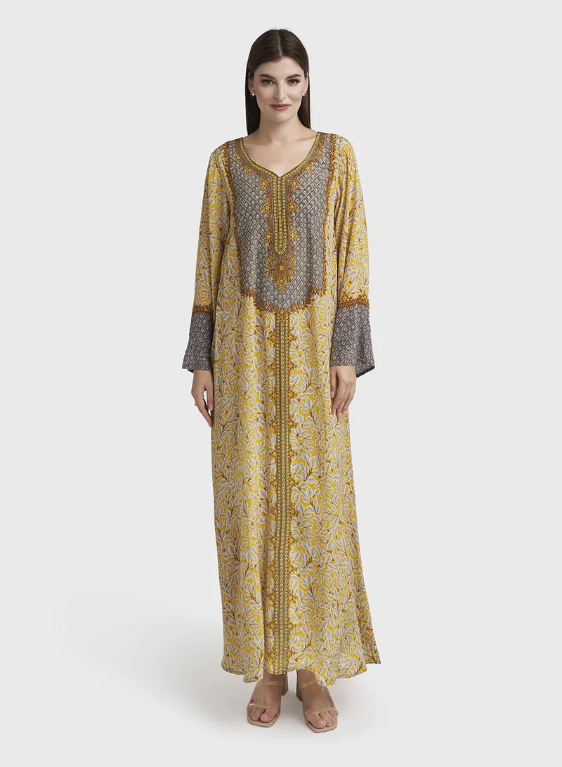 كشخة Mustard Leaf Print Viscose Crepe Stonework Jalabiya (VDC104)