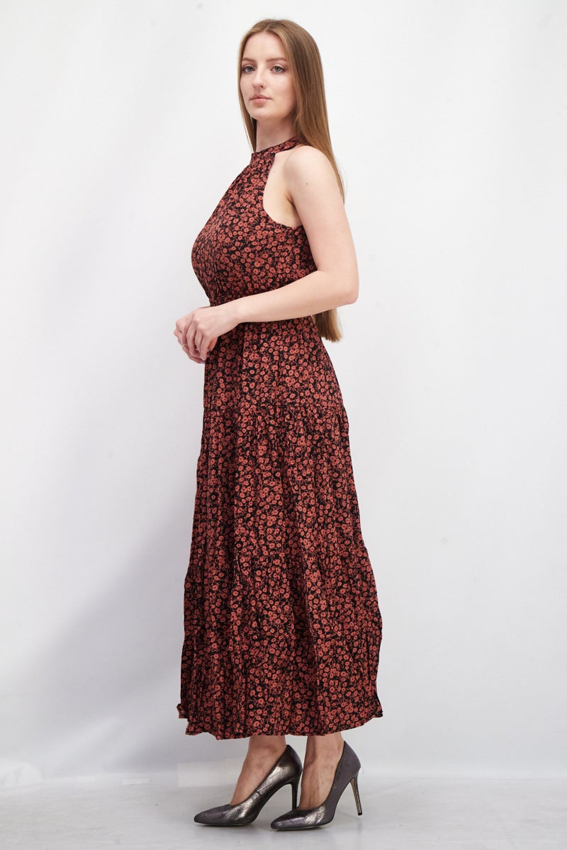 Lost + Wander فستان ماكسي مزخرف بأزهار مع حمالة عنق للنساء، صدئ - Image 2