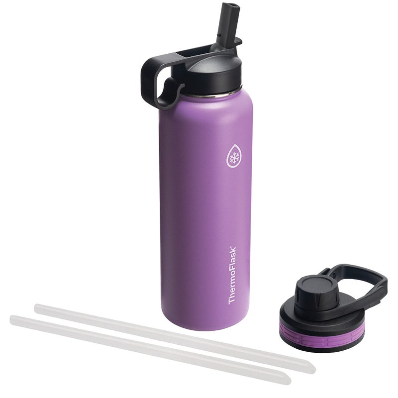ThermoFlask 40 oz Double Wall Vacuum Insulated Stainless Steel Water Bottle with Spout and Straw Lids, Plum - Image 1