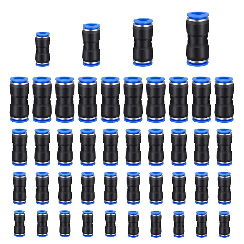 Aulufft 80 Pcs Straight Push Connectors Quick Connect Air Hose Fittings Quick Release Pneumatic Connectors Air Line Quick Connect Fittings Kit for 1/4 5/16 3/8 1/2 inch Tube OD, 2 Way