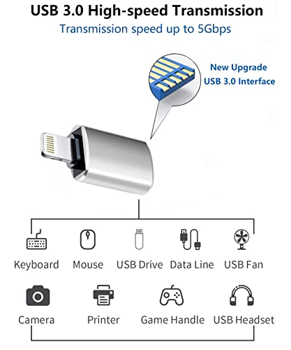 Wahbite Apple Lightning to USB Camera Adapter, USB 3.0 OTG Cable for iPhone/iPad to Connect Card Reader, USB Flash Drive, U Disk, Keyboard, Mouse, Hubs, MIDI, Plug & Play, Silver#1Pack - Image 3