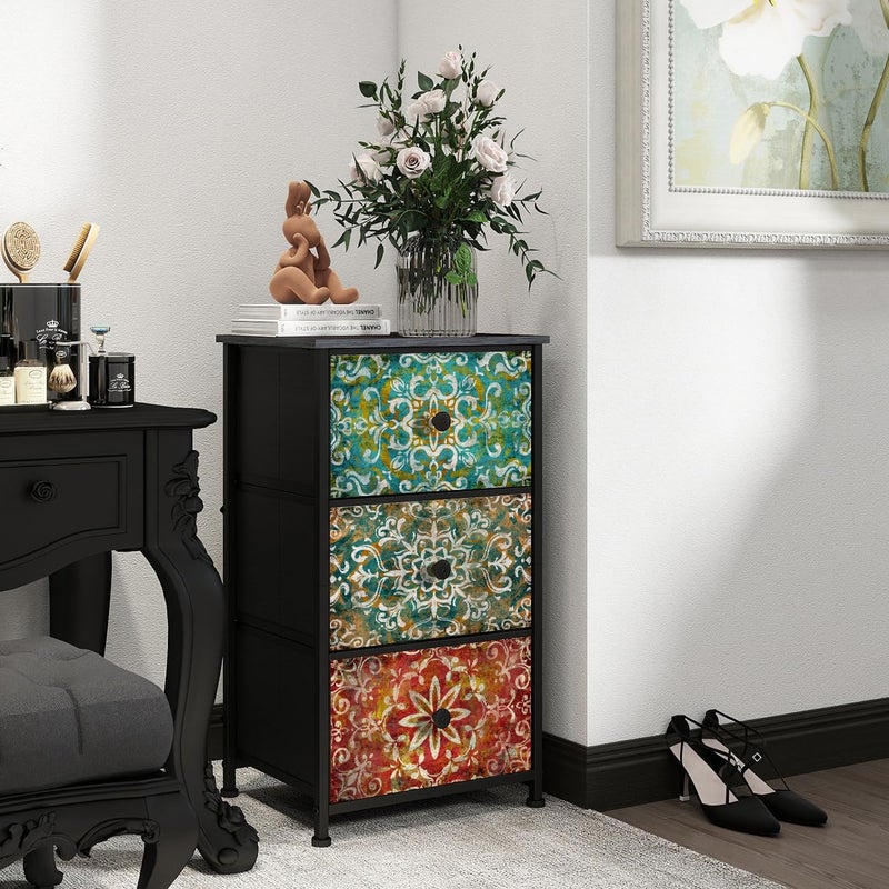 GiftGo Retro Dresser with Fabric Drawers Boho Mandala Flower Chest of Drawers Narrow Storage Tower for Small Spaces Gaps Bedroom Beautiful Nightstand Living Room Table (Mandala, 3 Drawers) - Image 4