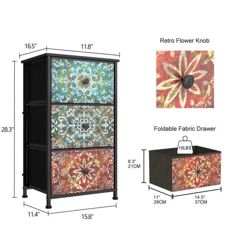 GiftGo Retro Dresser with Fabric Drawers Boho Mandala Flower Chest of Drawers Narrow Storage Tower for Small Spaces Gaps Bedroom Beautiful Nightstand Living Room Table (Mandala, 3 Drawers) - Image 3