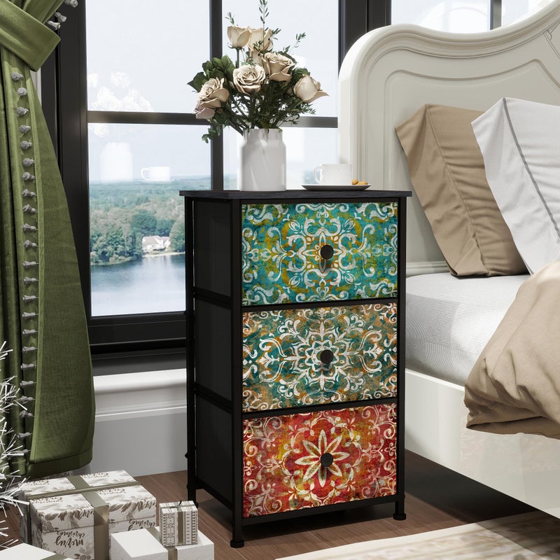 GiftGo Retro Dresser with Fabric Drawers Boho Mandala Flower Chest of Drawers Narrow Storage Tower for Small Spaces Gaps Bedroom Beautiful Nightstand Living Room Table (Mandala, 3 Drawers) - Image 1