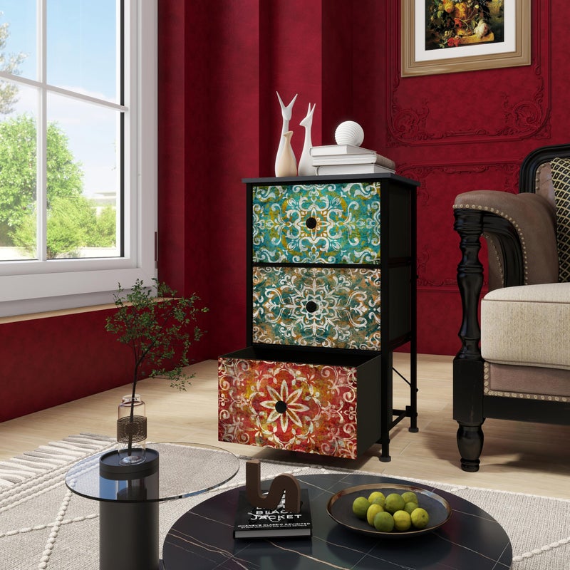 GiftGo Retro Dresser with Fabric Drawers Boho Mandala Flower Chest of Drawers Narrow Storage Tower for Small Spaces Gaps Bedroom Beautiful Nightstand Living Room Table (Mandala, 3 Drawers) - Image 2