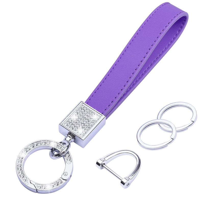 Wisdompro Bling Leather Car Keychain, Universal Genuine Leather Car Keys Keychain Key FOB Keychain, Key Chains Women for Car Keys with Anti-lost D-ring and 2 Keyrings - Purple - Image 1