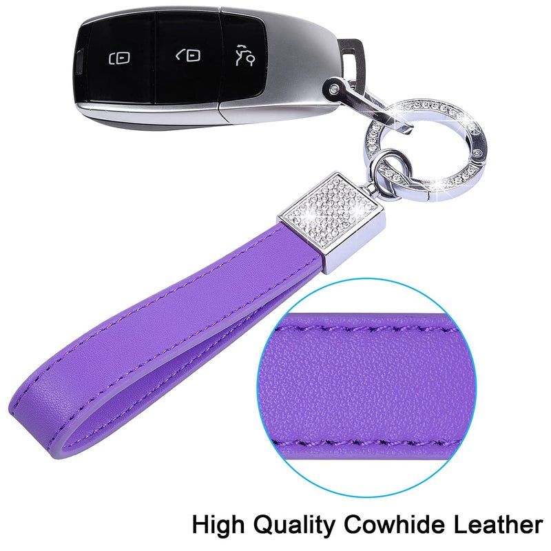 Wisdompro Bling Leather Car Keychain, Universal Genuine Leather Car Keys Keychain Key FOB Keychain, Key Chains Women for Car Keys with Anti-lost D-ring and 2 Keyrings - Purple - Image 3