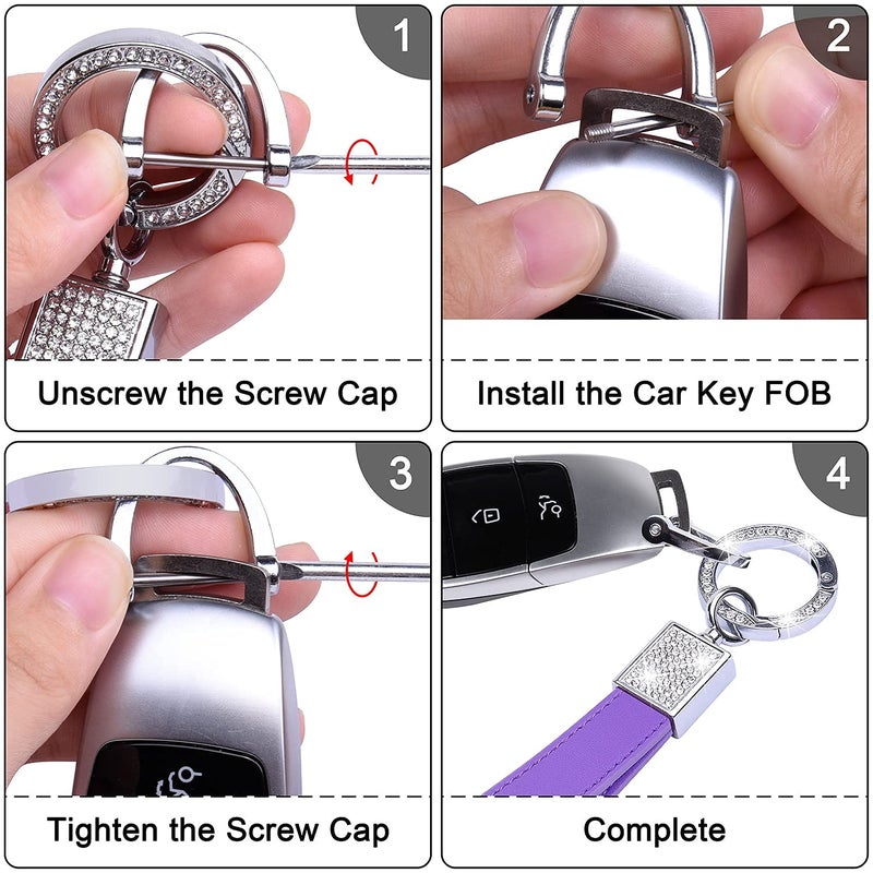 Wisdompro Bling Leather Car Keychain, Universal Genuine Leather Car Keys Keychain Key FOB Keychain, Key Chains Women for Car Keys with Anti-lost D-ring and 2 Keyrings - Purple - Image 5
