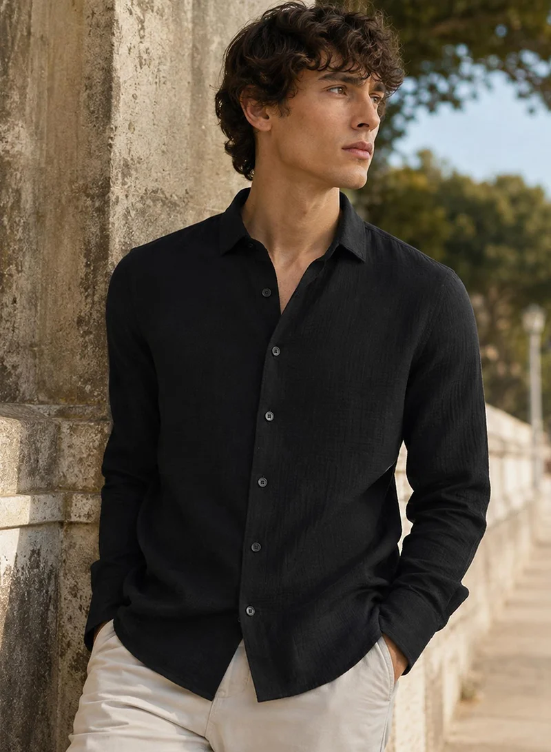 كاهوت قميص قطني بقوام بارز للرجال - أسود