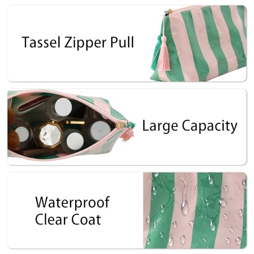 DYSHAYEN Makeup Bags for Purse,Small Clear Coated Cosmetic Bags for Women Girls, Waterproof Travel Organizer Zipper Pouch Beach Vacation Essentials (Pink-Green) - Image 3