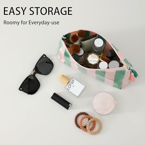 DYSHAYEN Makeup Bags for Purse,Small Clear Coated Cosmetic Bags for Women Girls, Waterproof Travel Organizer Zipper Pouch Beach Vacation Essentials (Pink-Green) - Image 2