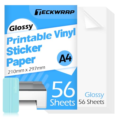 TECKWRAP Printable Vinyl Sticker Paper for Inkjet Printer, Glossy Inkjet Printable Vinyl, 8.26" x 11.69" A4 56 Sheets/Pack Printing Paper for Craft Scrap-Booking, Stickers, Labels - Image 1