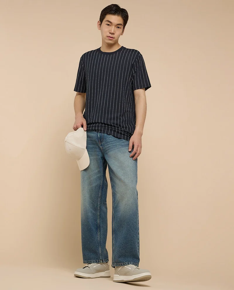 R&B Striped T-Shirt with Crew Neck and Short Sleeves