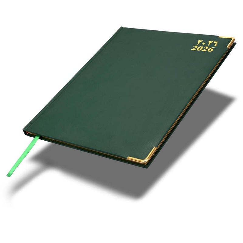 FIS 2026 Golden Executive Diary, 210x260mm, 1 Side Padded Vinyl Cover, Gilded Edges, Golden Corners, 1 Week at a Glance, Arabic/English/French, 70gsm White Paper, Green Cover-FSDI32AEG26GR - Image 1
