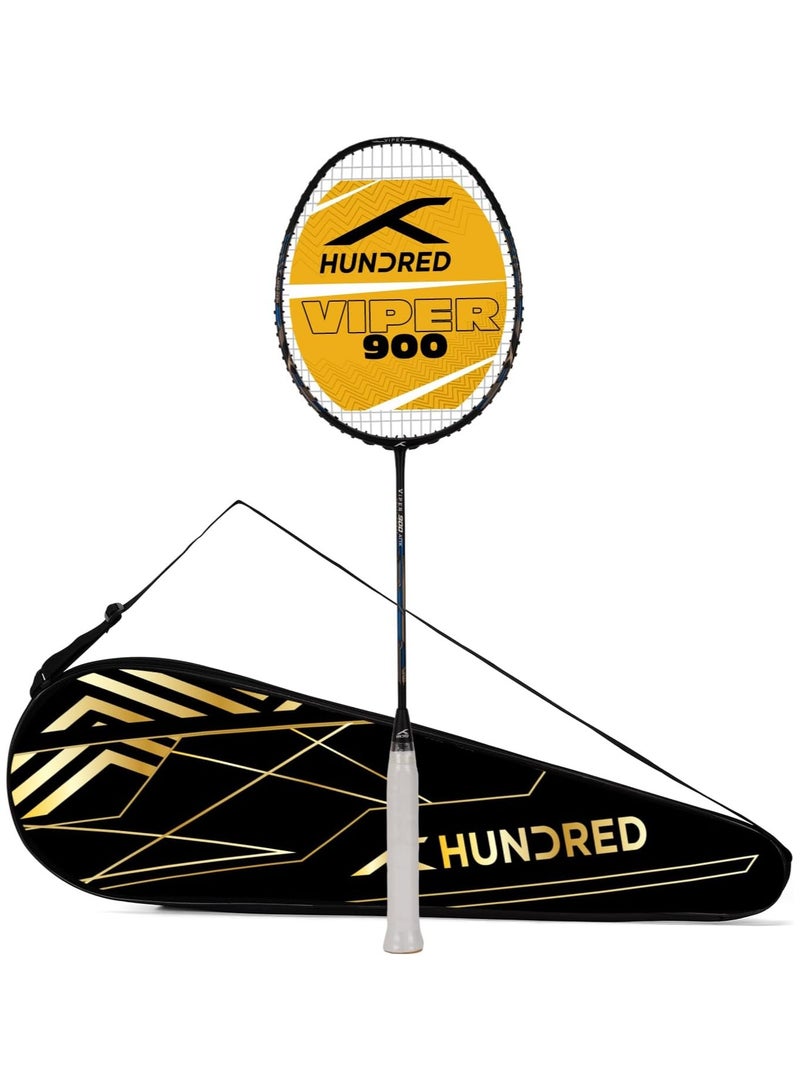 HUNDRED Viper 900 Carbon Fibre Strung Badminton Racket with Full Racket Cover  | For Intermediate Players | 79 grams | Maximum String Tension - 32lbs - Image 1
